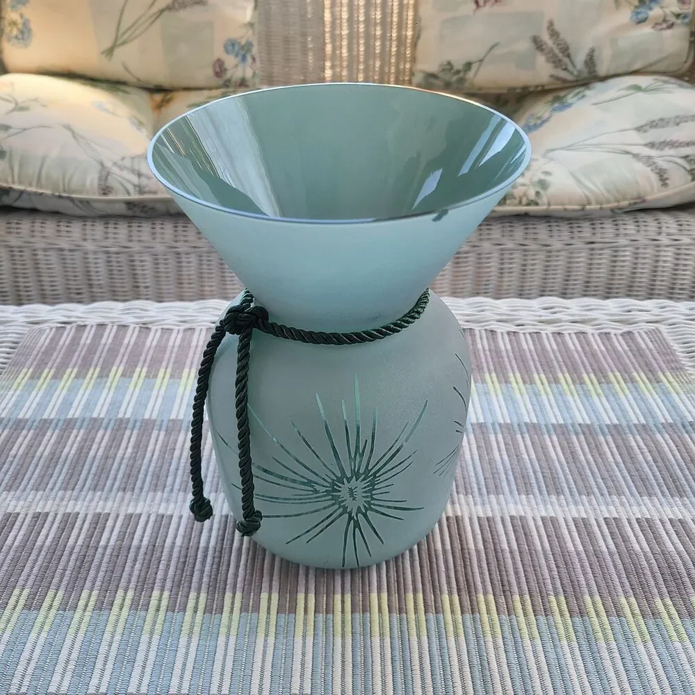 Vintage Carafe Style Floral Vase Frosted Green Fireworks Motif 60s MCM Vibes